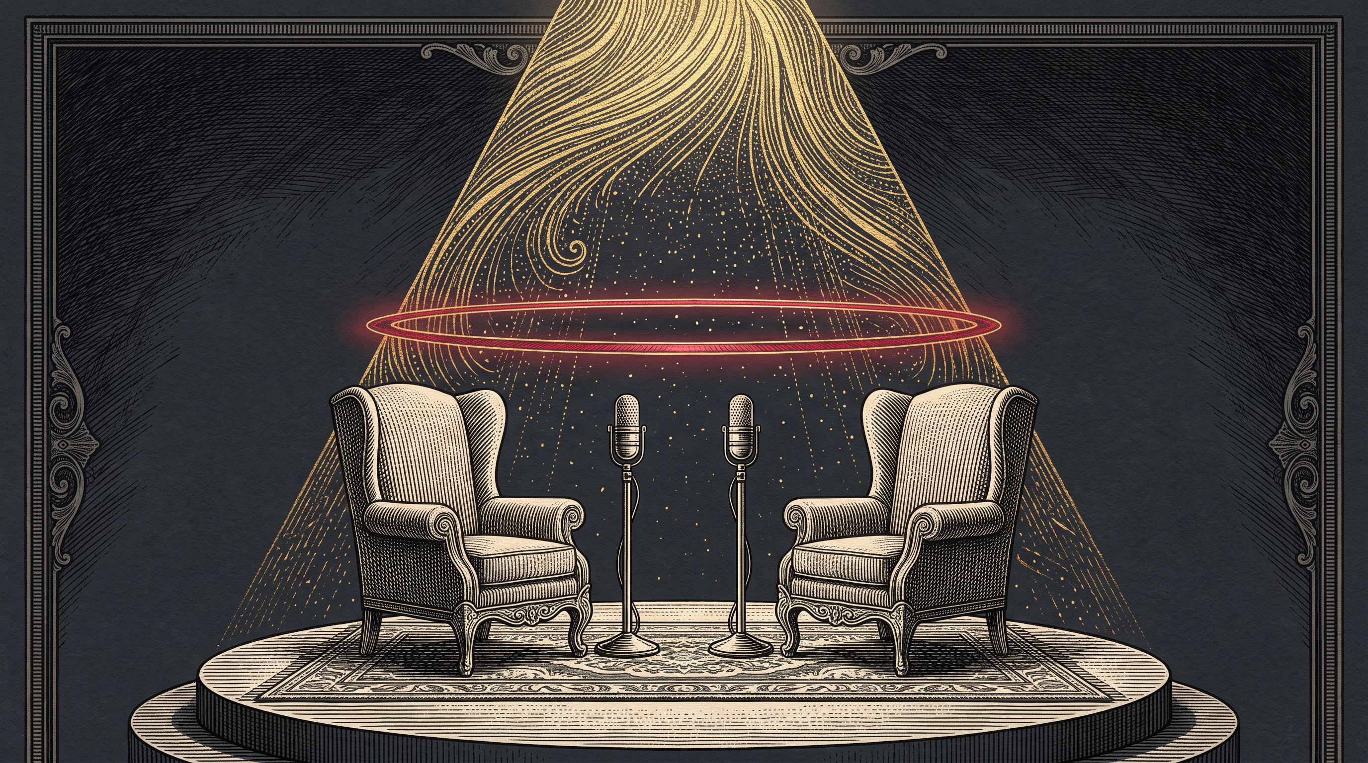 Editorial illustration: an interview studio under a single spotlight